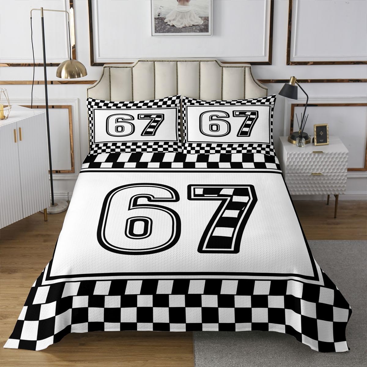 jejeloiu 6 7 Bedspread King Size Six Seven 6 7 Coverlet Set Geometric Quilted Coverlet for All Season with 2 Pillowcases Modern Abstract Art Microfiber Lightweight Six Seven