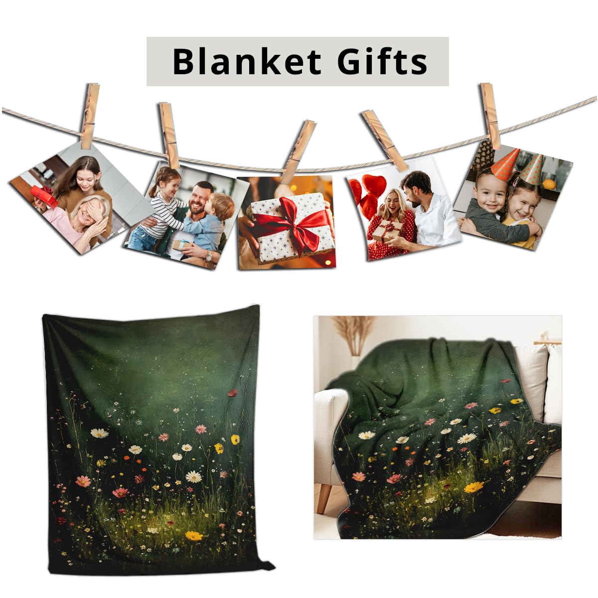 HUNXIAOJ Wildflower Print Blanket Flower Throw Blanket for Couch Bed Chair Soft Green Floral Flannel Throw Wildflower Decor Gifts (49"x59")