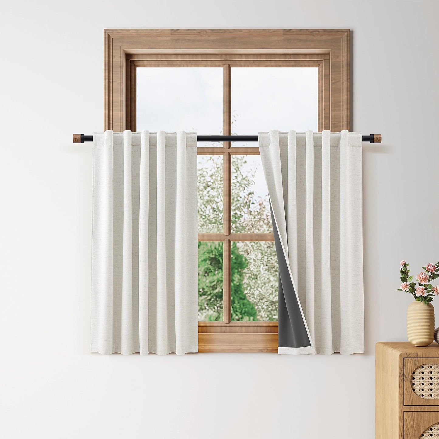Nanspring 100% Blackout Kitchen Linen Curtains Back Tab Small Drape 36 Inch Length Privacy Natural Elegant Short Black Out Cafe Curtain Tier for Thermal Insulated Bedroom Cabinet Cream Ivory 30x36