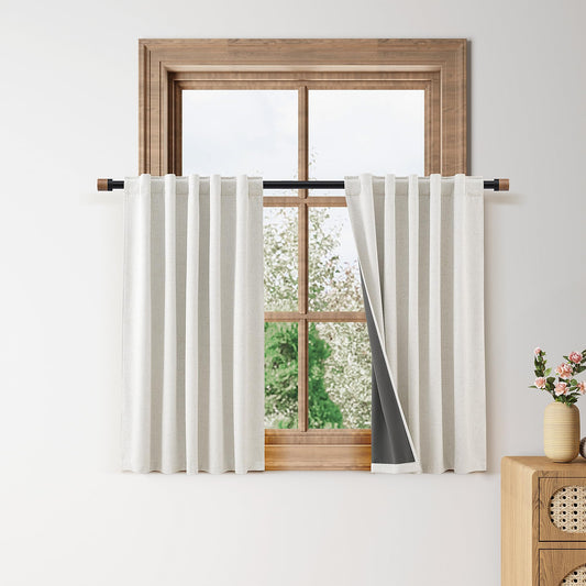 Nanspring 100% Blackout Kitchen Linen Curtains Back Tab Small Drape 36 Inch Length Privacy Natural Elegant Short Black Out Cafe Curtain Tier for Thermal Insulated Bedroom Cabinet Cream Ivory 30x36
