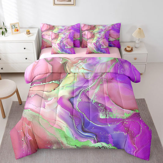 Girly Pink and Purple Bedding Full Size 7pcs Aesthetic Marble Comforter Set for Girls Women, Foil Print Bedding Comforter Sets Mountain Fluid Bed in a Bag, Rainbow Tie Dye Bedding Accessories