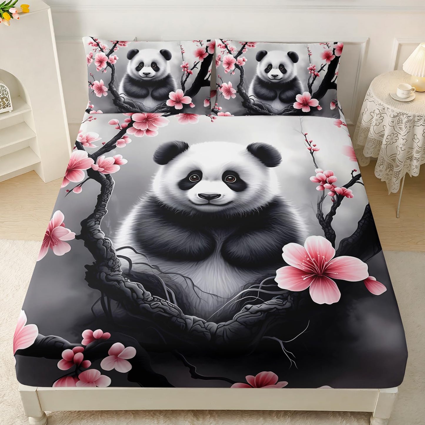 HOSIMA Panda Twin Fitted Sheet,Cute Panda Sitting Surrounded by Flowers on Branches,Gray White Ink Background Pattern Animal Bedding for Kids Boys Girls Room Decor,1 Fitted Sheet+2 Pillowcases.