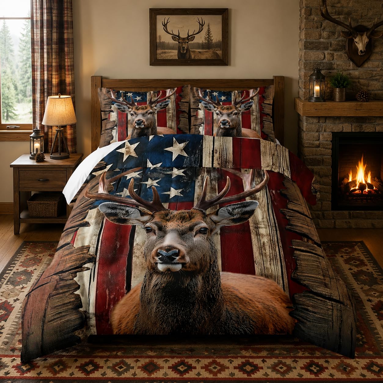 Nttopship Deer Hunting Comforter Sets Twin Size,American Flag Bedding Set 3 Piece for Girls Women Teens Adult Kids Boys,Woodland Moose Wildlife Room Decor Comforter Set with 2 Pillowcases