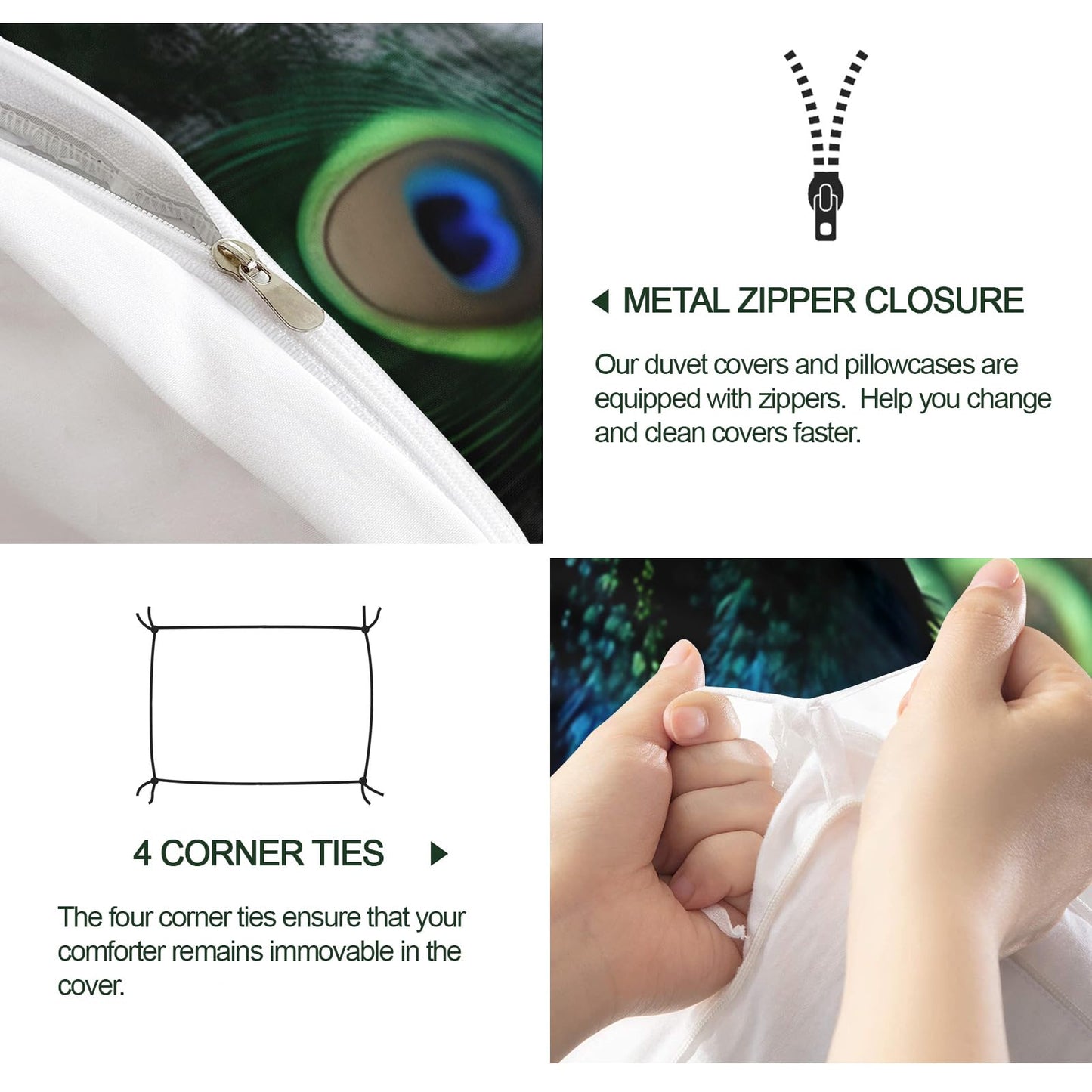QINYUN Peacock Duvet Cover King Size, Green Peacock Feather Bedding Set 3 Piece Bedroom Decor Wild Animals Boho Comforter Cover with Zipper Ties & 2 Pillowcases