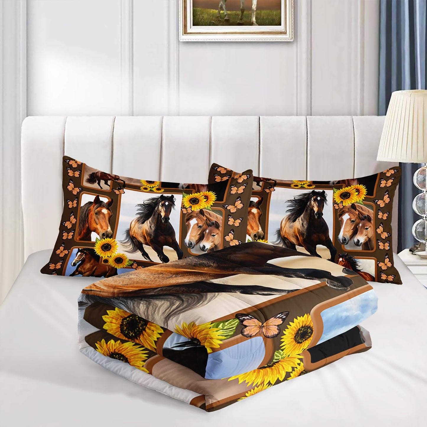 HOSIMA Horse Twin Size Comforter Sets,Kids Adult Girls Bedroom Modern Decor Brown Horse and Sunflower Bedding Sets,3D Print Wild Animals Pattern Western Bedding Set Theme with 2 Pillow Shams.