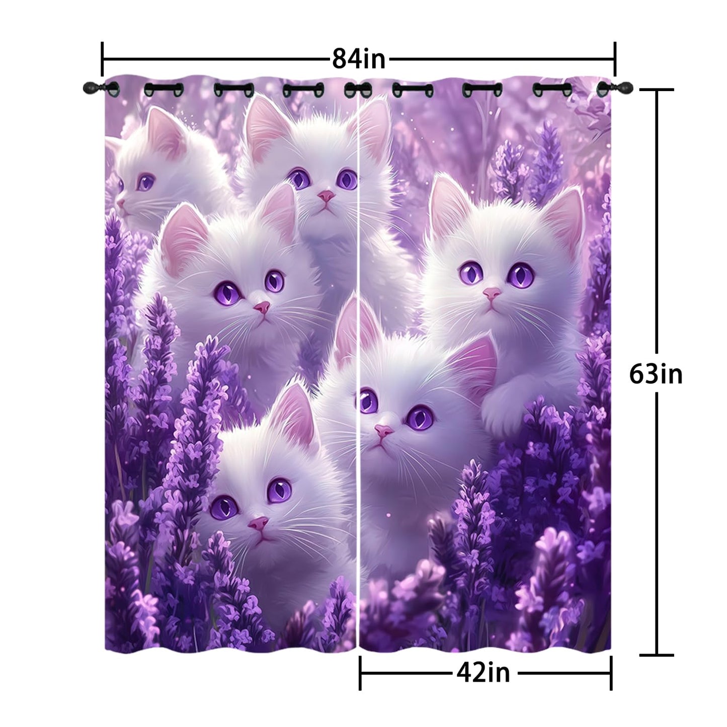 AILONEN 3D White Cat Window Curtains for Girls Bedroom,Cat Lovers Animal Design Curtains Tiers,Purple Lavender Decor Living Room Bedroom Window Drapes 2 Panel Set, 42" W x 63" H