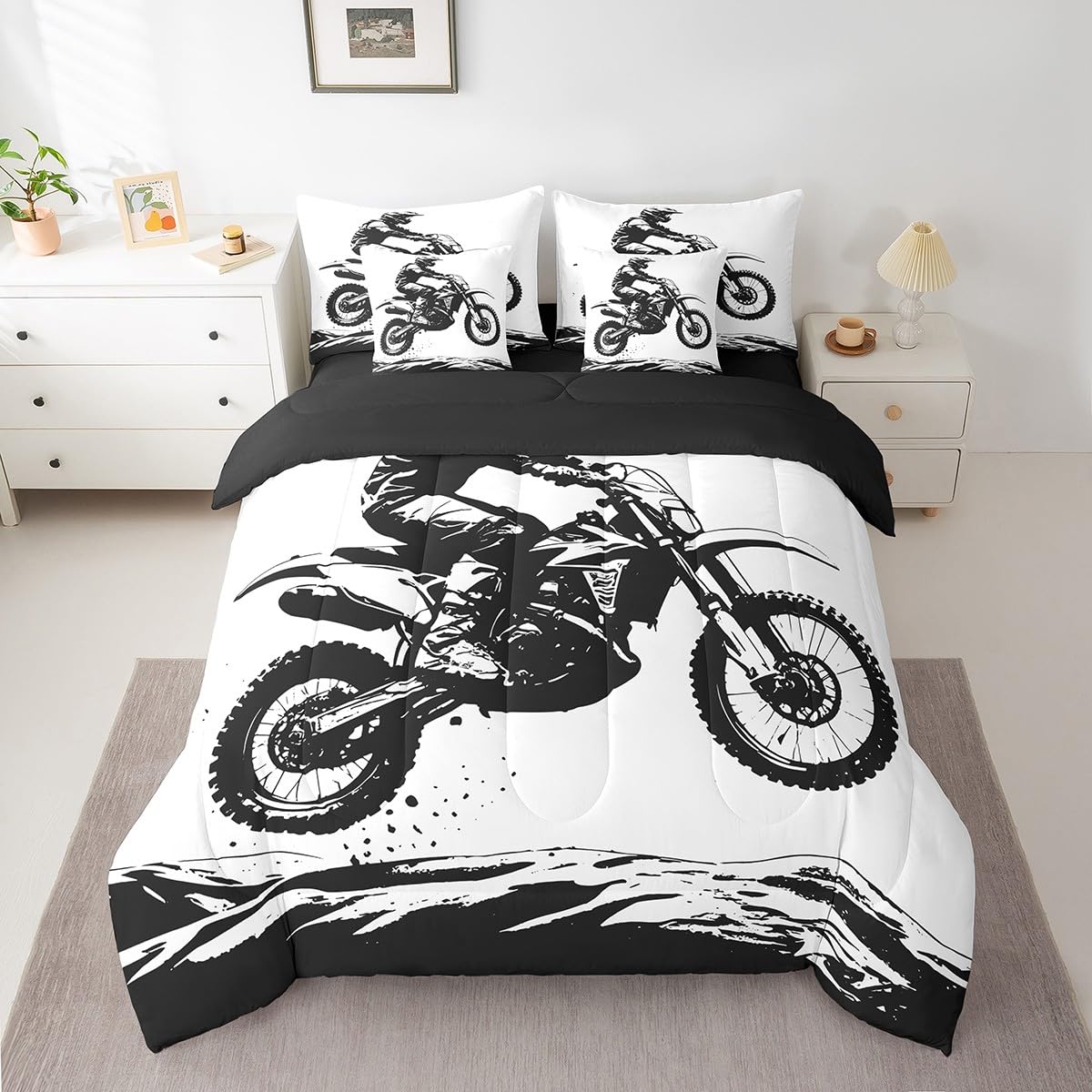 Erosebridal Teens Dirt Bike 7 Pcs Comforter Set Twin Size Motocross Rider Bedding Sets for Kids Boys Teens Adult Motorbike Extreme Sport Bed in A Bag Motorcycle Grunge Sheet Set