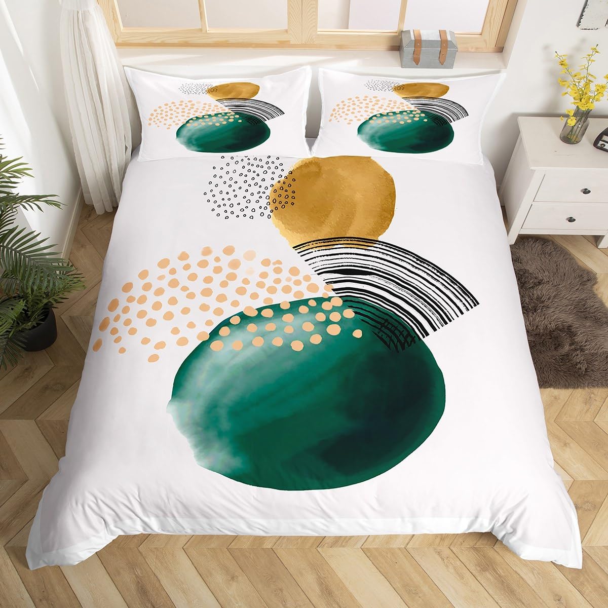 Erosebridal Abstract Artwork Bedding Sets Queen Geometric Circle Comforter Cover, Aesthetic Minimalist Bed Set Blackish Green Turqoise Duvet Cover, Beige White Quilt Cover Cozy Soft 3pcs