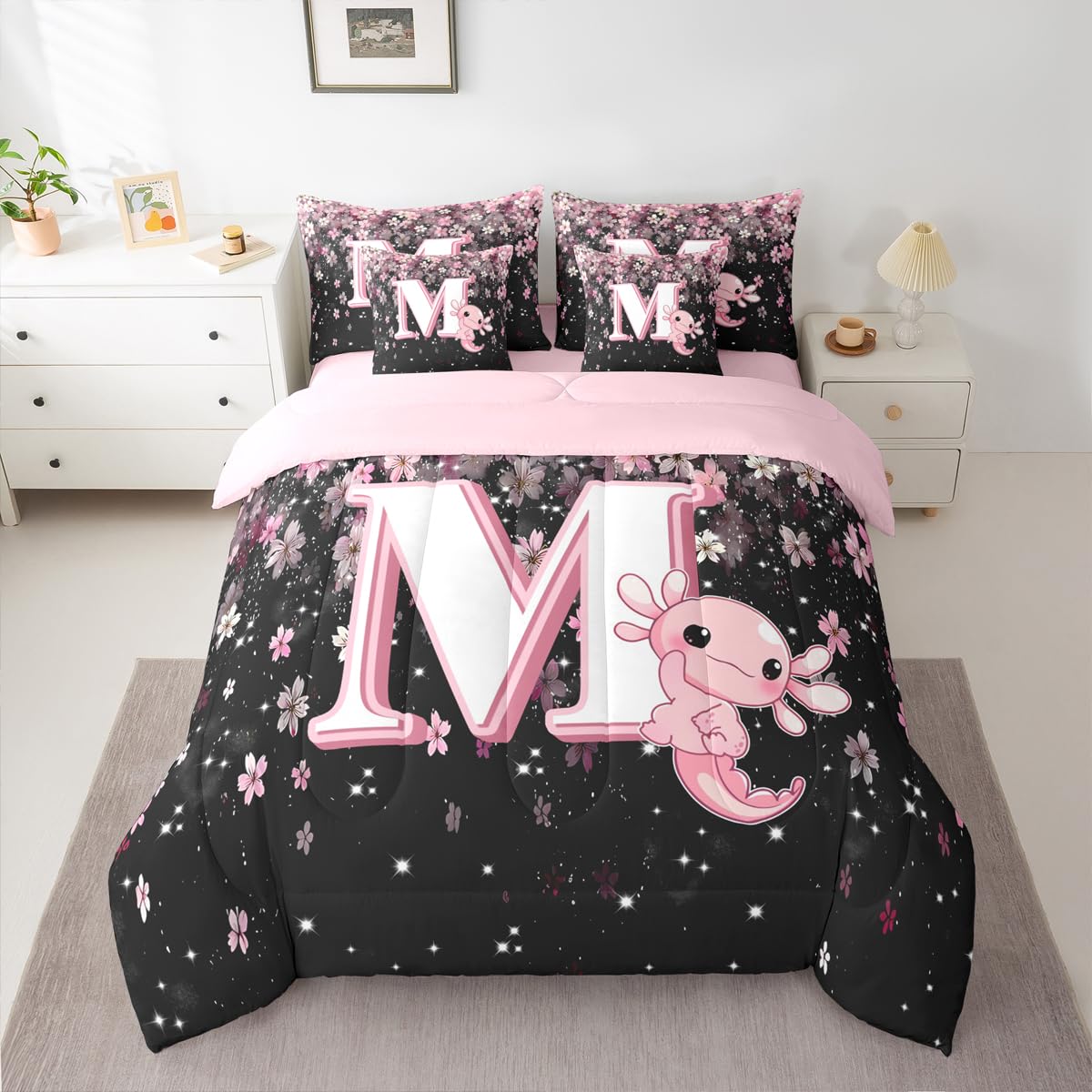 Erosebridal Twin Size Pink Black Alphabet M Bed in A Bag with Cute Axolotl Design - Japanese Cherry Blossom 7 Pieces Bedding Set Cute Axolotl Comforter Set with Sheets Initial Letter Gift for Her
