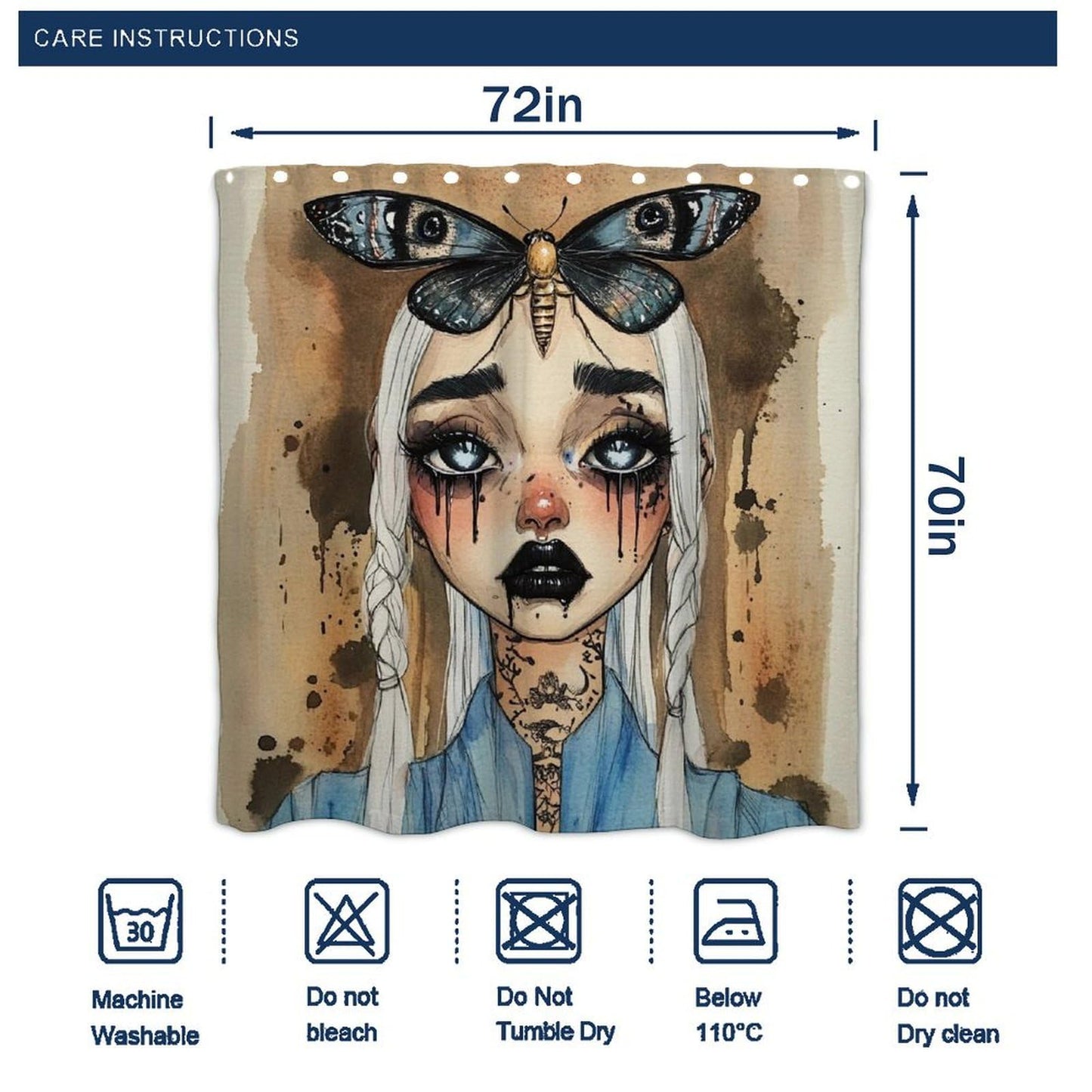 100% BLUE COLLAR Fashion Curtain Bathroom Decorative, Goth Gotik Gothic Women Girl Eyelash 72" x 70" Shower Curtain with Hooks
