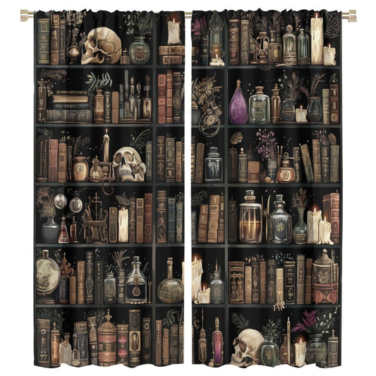 TOWINSFB Gothic Library Book Blackout Curtains, Retro Bookshelf Skull Floral Candles Home Decor Rod Pocket Window Drapes for Living Room Bedroom - 45" L x 42" W