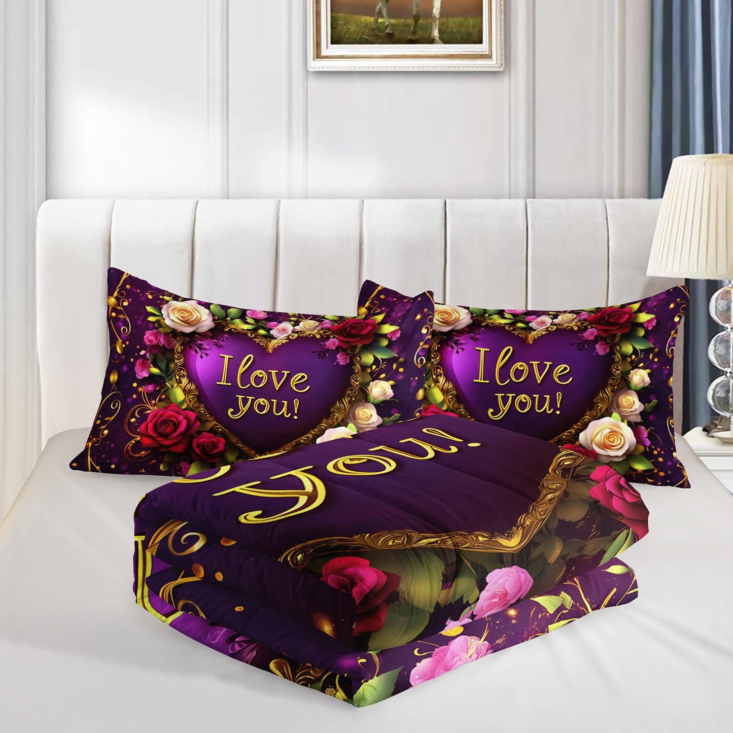 QOOMO 3Pcs Flower Print Comforter Set Queen Size,Cute Plants Bedding Set for Teens Boys Girls,Purple Comforter with 2 Pillowcases,Soft and Lightweight