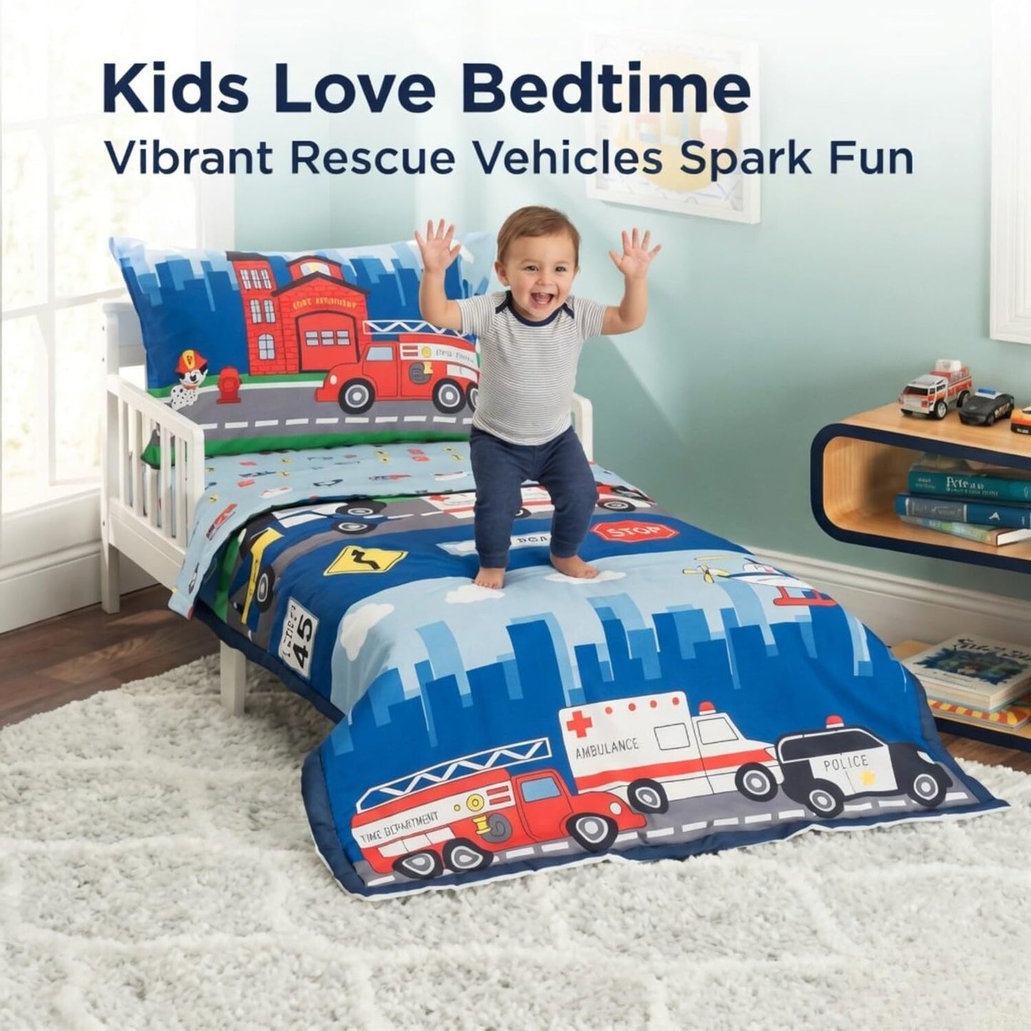 EVERYDAY KIDS 4 Piece Toddler Bedding Set -Fire and Police Rescue- Includes Comforter, Flat Sheet, Fitted Sheet and Reversible Pillowcase