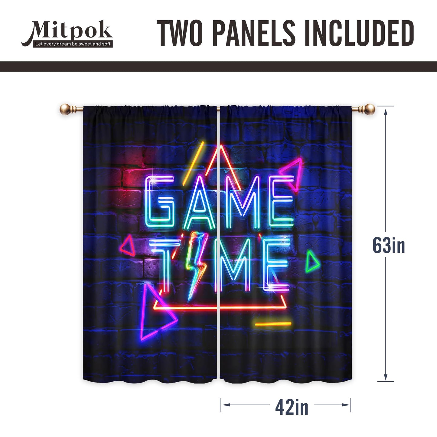 Mitpok Kids Neon Gaming Curtains for Boys Bedroom 42Wx63H Inch Rod Pocket Gamer Video Game Time Cool Modern Geometric Rustic Brick Wall Child 2 Panel Window Treatment Set for Playroom Room Decor