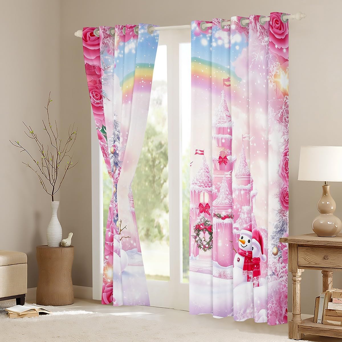 Feelyou Pink Christmas Curtains,Christmas Snowman Castle Window Curtains for Bedroom Living Room,Dreamy Princess Christmas Window Drapes,Xmas Christmas 30%-50% Blackout Curtains, 42W X 84L,2 Panels