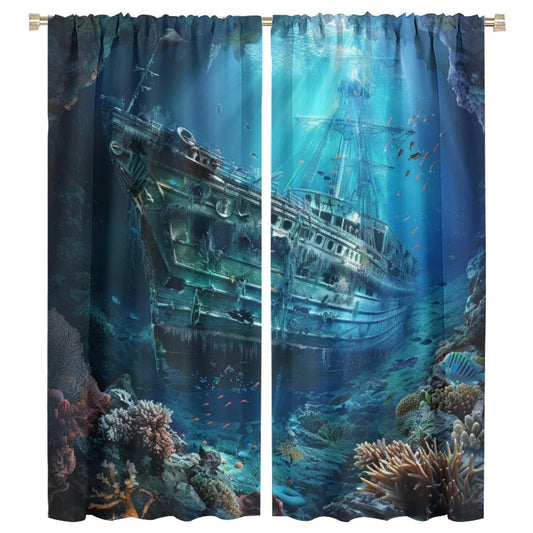 TOWINSFB Ocean Coral Sunken Ship Blackout Curtains for Living Room Bedroom, Retro Undersea World Shipwreck Window Curtains Rod Pocket Thermal Insulated Window Drapes, 2 Panels, Each 21W x 45L