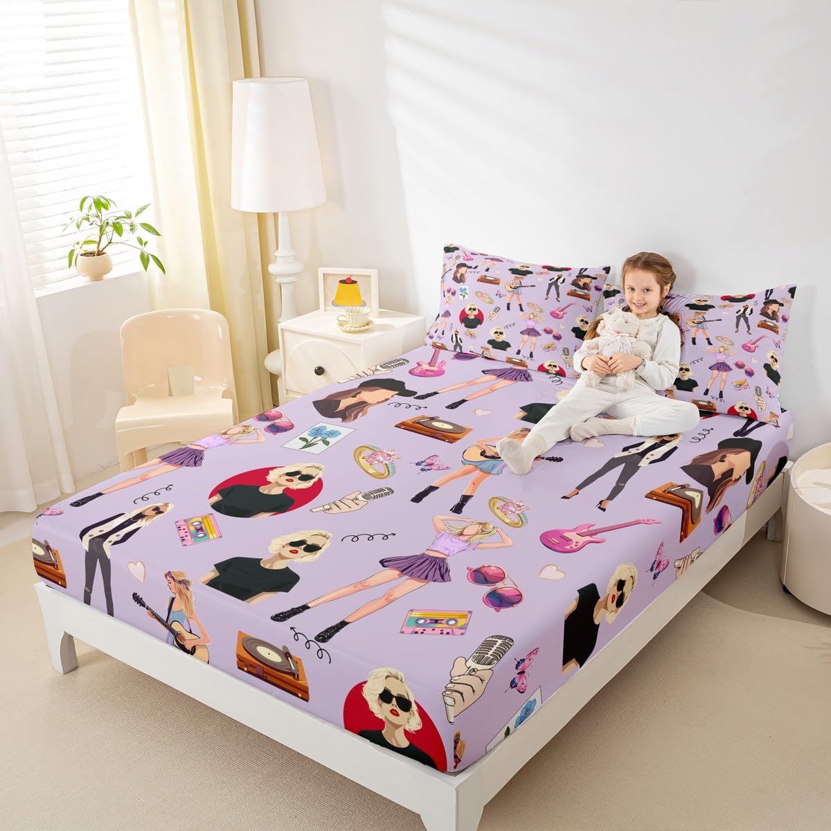 jejeloiu Music Bedding Set Full Size Girls Singer Bed Cover Gifts for Women Music Lovers Girly Guitar Bed Sheets Coworker Sister Friends Deep Pocket Fitted Sheet Purple Room Decor (No Top Sheet)