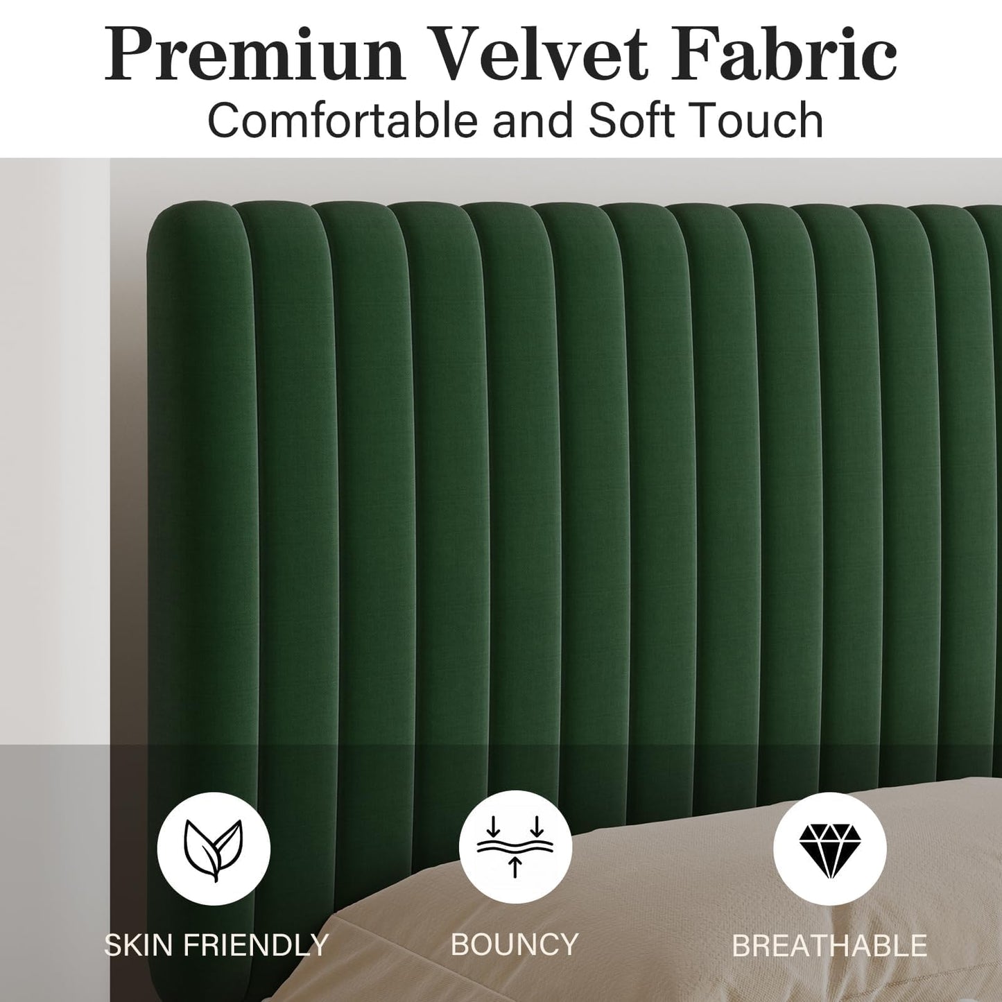 BarnFurin Queen Size Bed Frame, Velvet Upholstered Platform Bed with Vertical Channel Tufted Headboard and Footboard, No Box Spring Required, Easy Assembly, Green