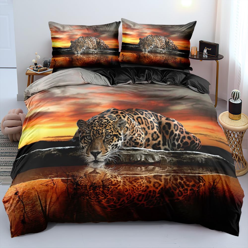 Holiyjog Sunset Glow and Cheetah Duvet Cover Set Black Leopard Comforter Cover with Pillow Shams King Size Leopard Print Bed Set Aesthetic Bedroom Decor