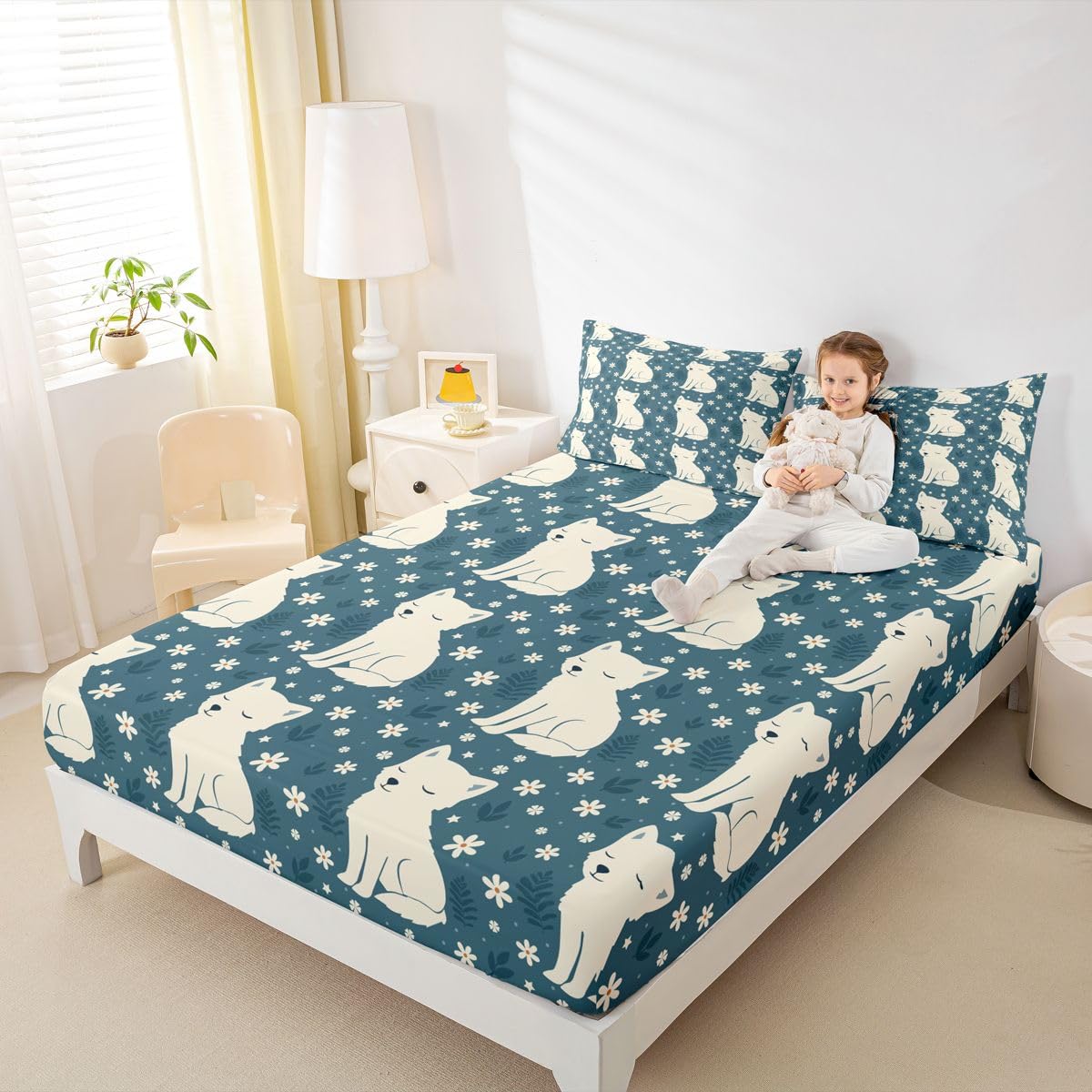 Castle Fairy White Fox Fitted Sheet Queen Size (No Flat),Beauty Floral Bedding Sets 3Pcs,Girls Boys Adult Room Decor,Wildlife Bed Cover Casual Rustic Deep Pocket Sheet,2 Pillowcases