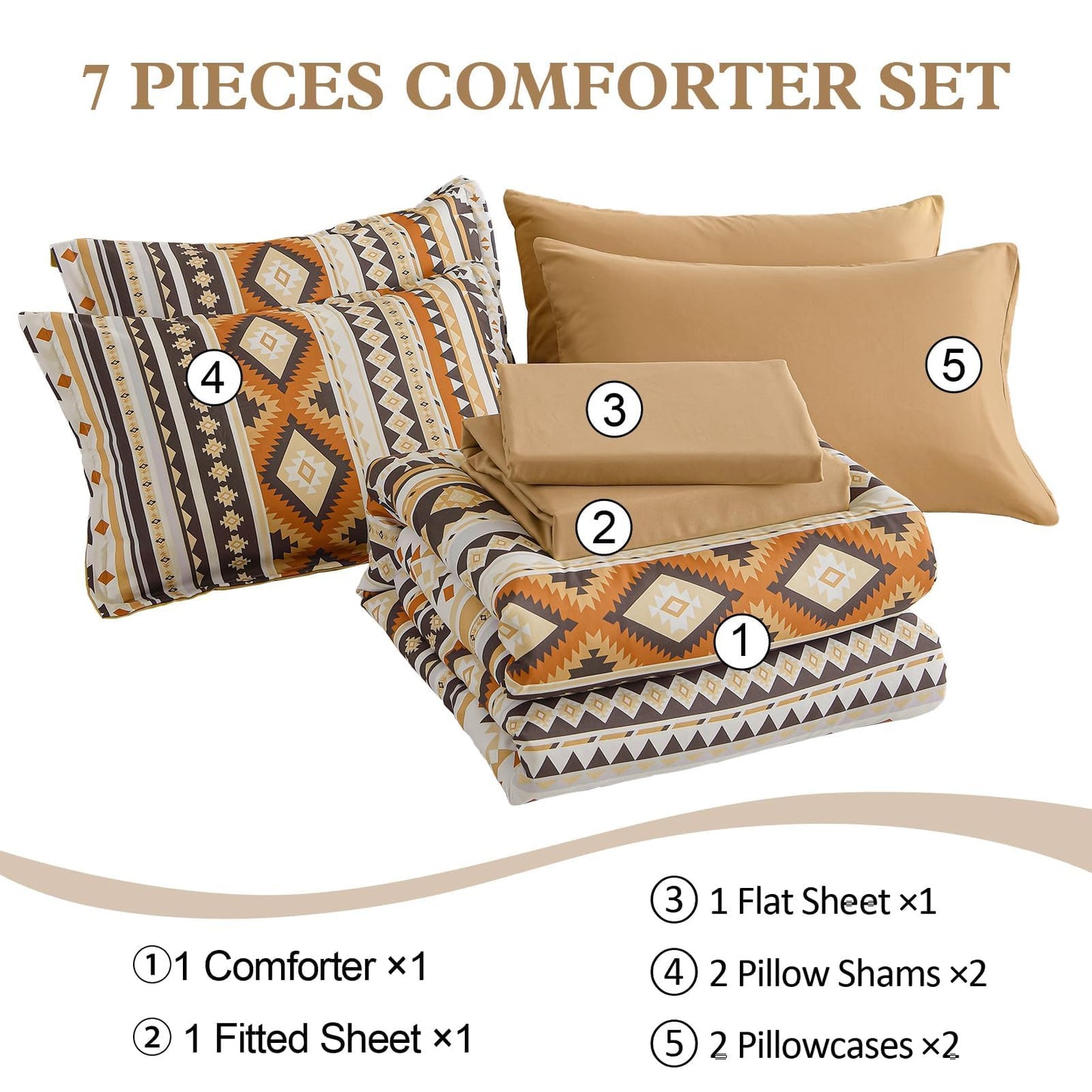 Dinjoy Comforter Set Queen Size Boho,Yellow Brown 7 Pieces Bed in a Bag Queen Bedding Sets Aztec Comforters with Sheets Western Striped Complete Set for Family 90"x90"