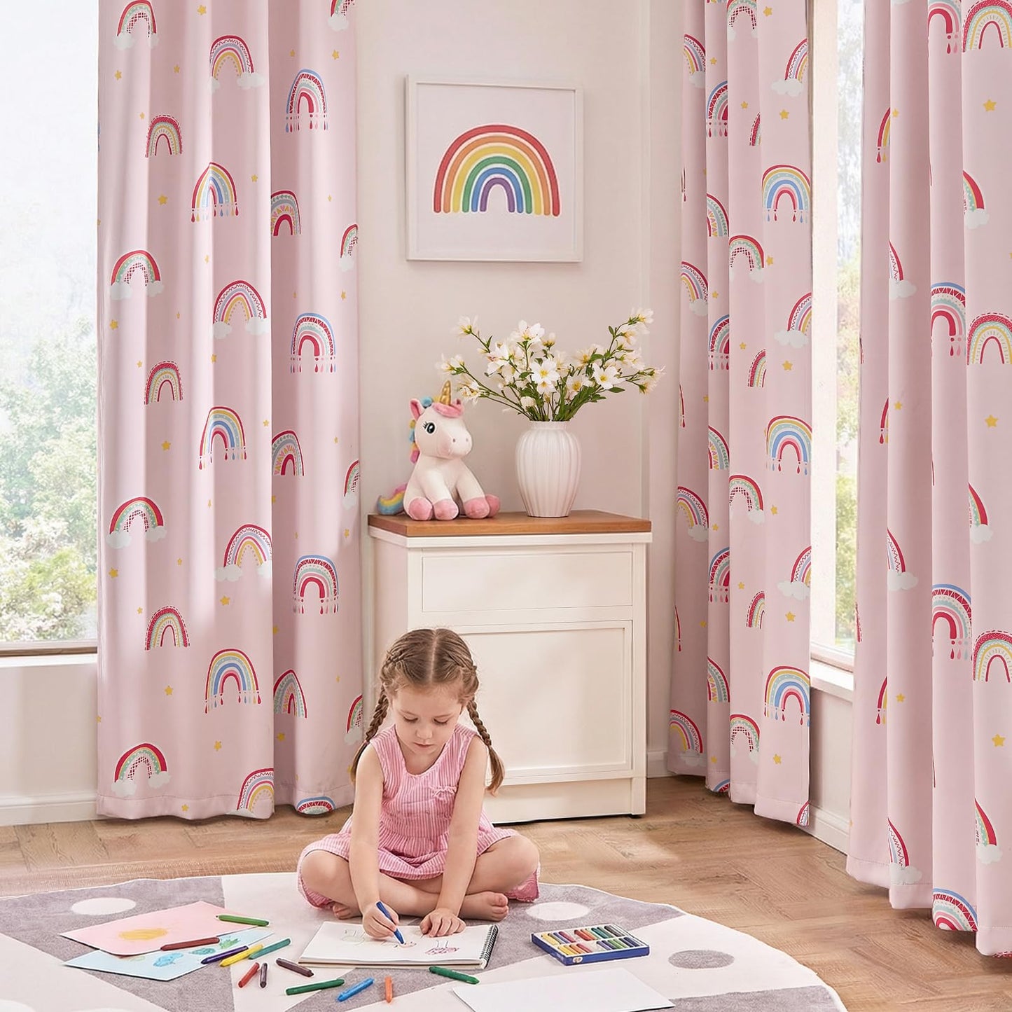 Vangao Blackout Curtains for Kids Bedroom Rainbow Pink Nursery Curtains 84 Inch Length Drapes for Teen Girls Thermal Insulated Room Darkening Boho Light Blocking for Living Room Set of 2
