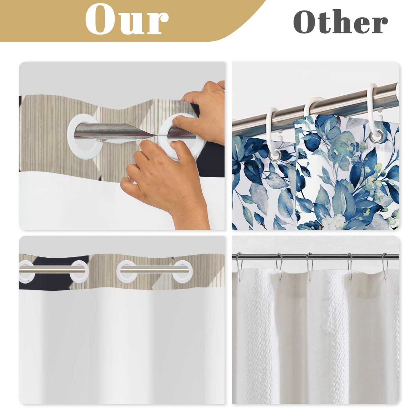 NAEMBCU No Hook Shower Curtain with Snap in Liner, Modern Black and Beige Geometric Print - Mesh Top Waterproof Double Layer Bath Tub Curtain for Contemporary Neutral Bathroom Decor, 71W x 74H