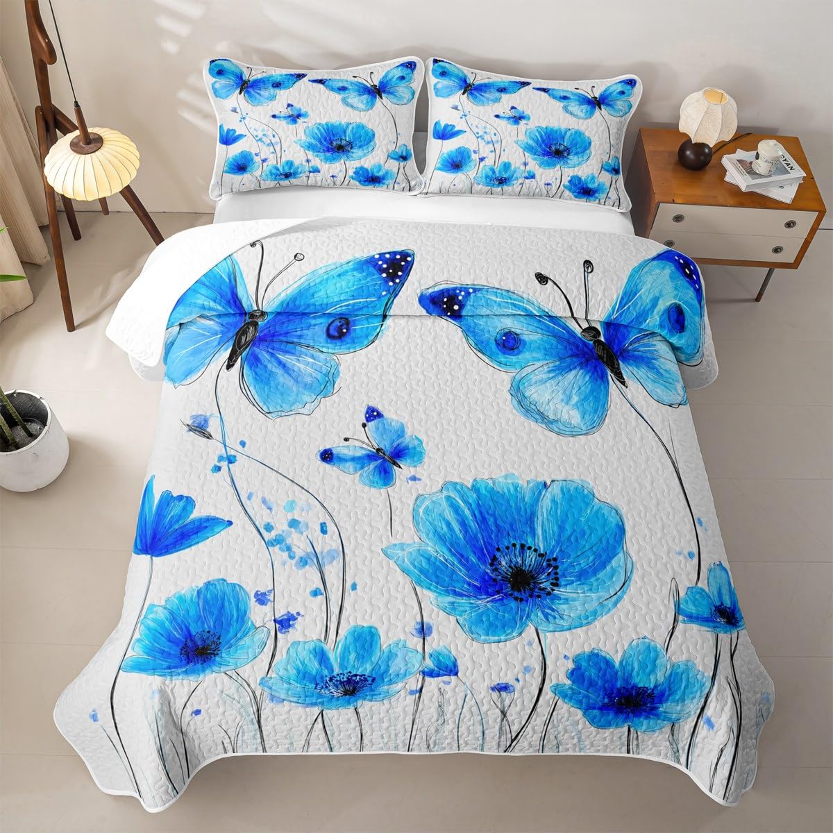 Erosebridal Butterfly Quilt Queen Blue Floral Quilt Set Rustic Flower Quilted Bedspread Retro Vintage Romantic Style Bedding Coverlet