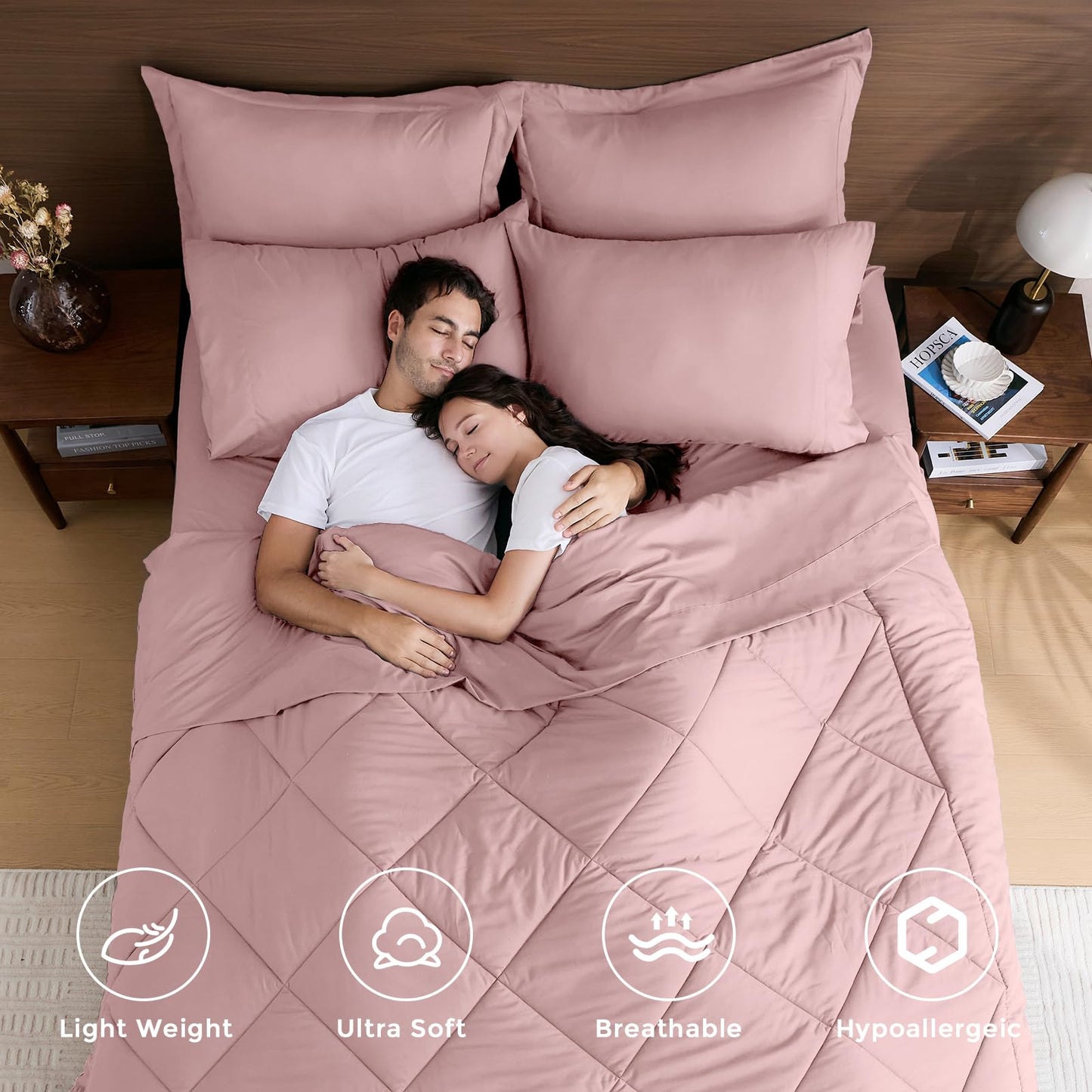 HEVUMYI Dusty Pink Queen Comforter Set - 7-Piece All Season Bed in a Bag Queen, Ultra Soft Bedding Set with Comforter, Flat Sheet, Fitted Sheet, Pillowcases, Pillow Shams