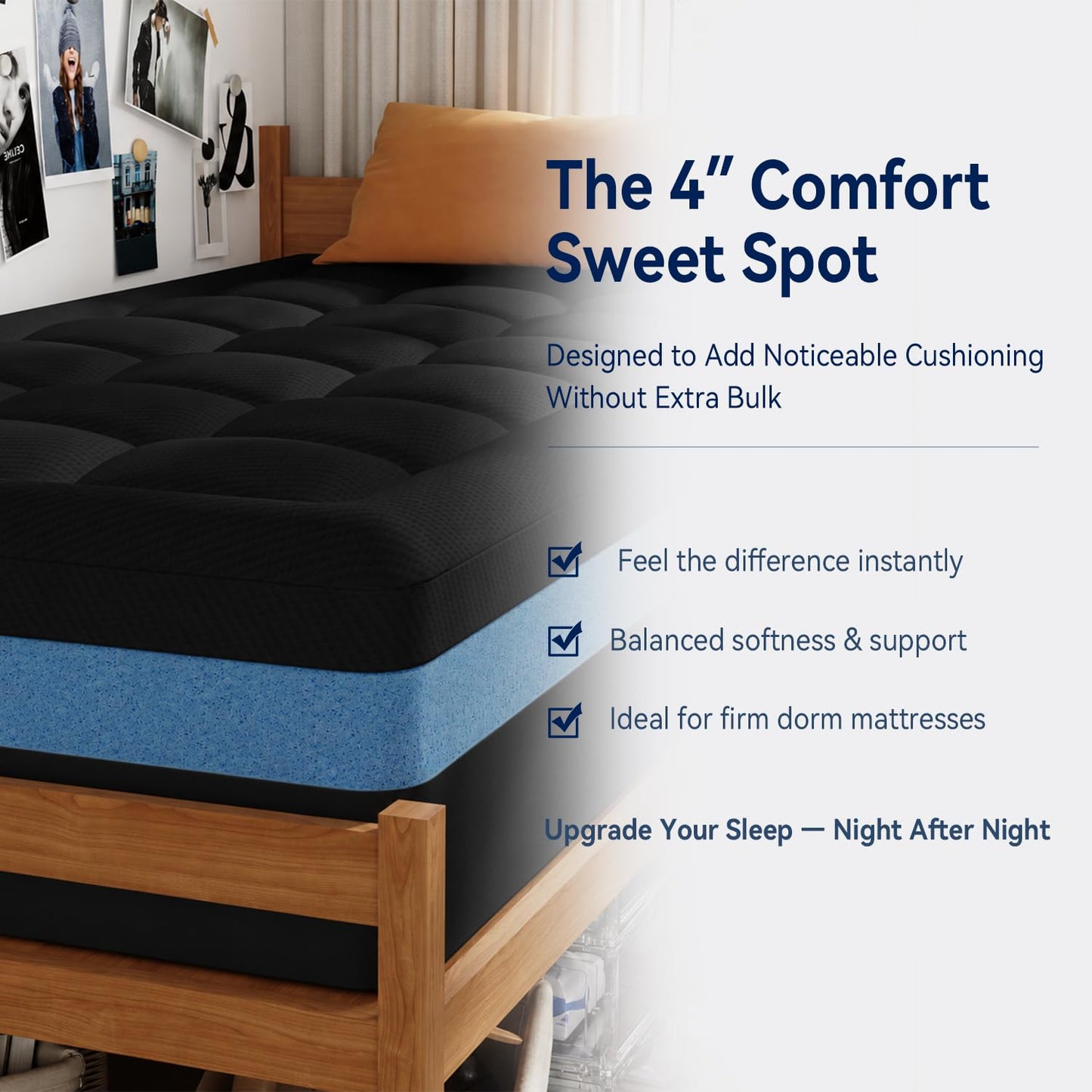 ELEMUSE 3 Inch Dual Layer Memory Foam Mattress Topper Twin XL, Dorm Room 2 Inch Cooling Gel Memory Foam Plus 1 Inch Down Alternative Pillowtop Mattress Pad,College Essential, Comfort Support, Black