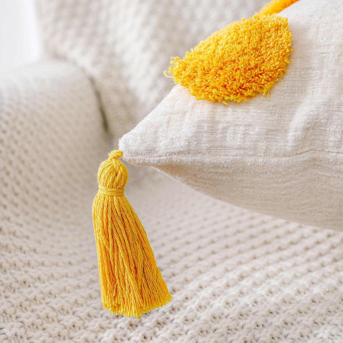 PANOD Super Soft Farmhouse Decorative Plush Throw Pillow Covers 12 x 20 Yellow,Solid Pom pom Tufted with Tassels Modern Accent Boho Lumbar Cushion Cover Pillow Case for Couch Sofa