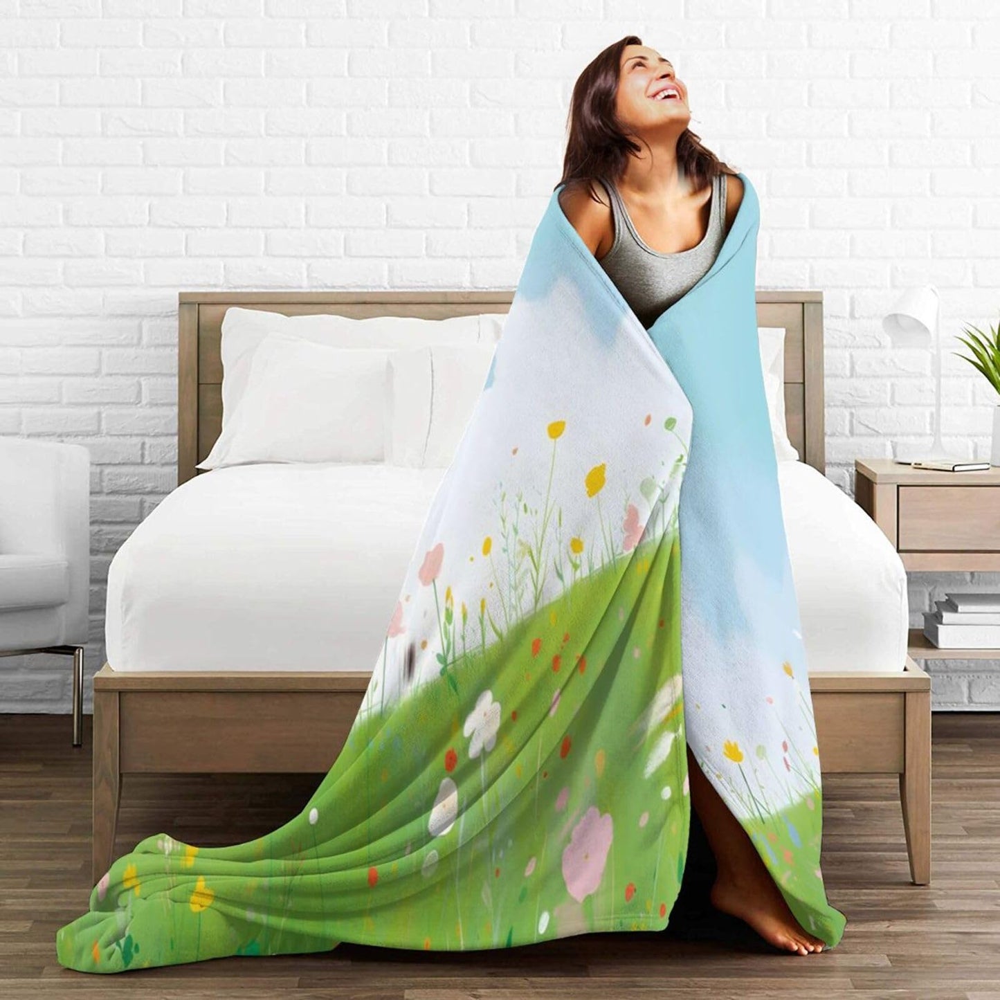 Blue Sky Grassland Flowers Throw Blanket for Couch Soft Blanket for Bed Bed Sofa Decor for Living Room Bedroom 60"X50"