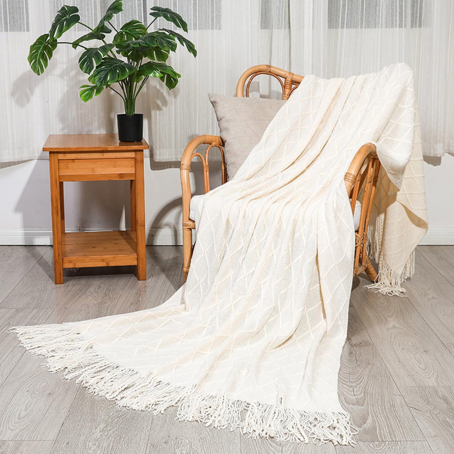 Mixweer Boho Throw Blanket and Pillow Cover Set, Beige Knitted Throw Blanket and Linen Pillow Cover Soft Sofa Couch Cushion for Home Farmhouse Sofa Bed Holiday Decoration