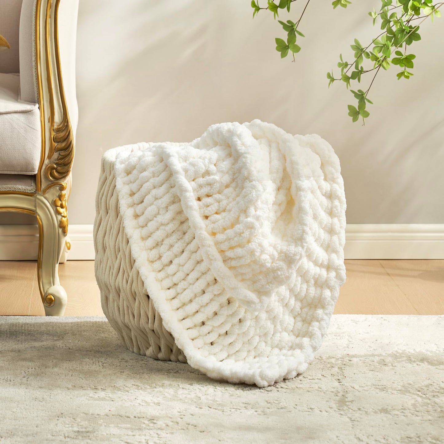 Amélie Home Chunky Knit Throw Blanket for Couch, Soft Chenille Handmade Crochet Throw Rope Knit Blanket for Bed, 40"x50", Ivory