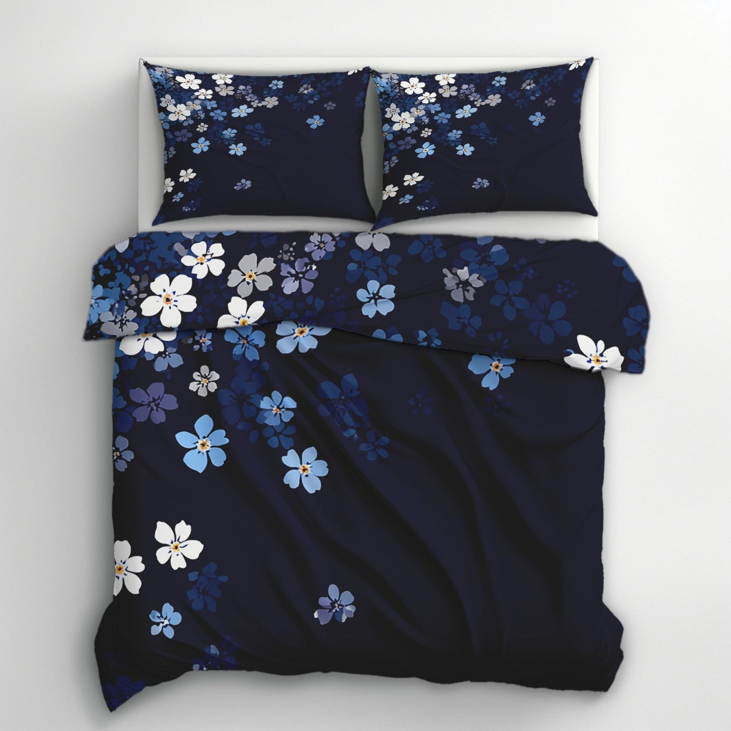 Navy Blue Floral King Size Duvet Cover Set 3 Piece, Botanical Flower Reversible Bedding with 2 Pillow Shams, Zipper & Ties, Ultra Soft Microfiber, Floral Bedroom Decorations 46A-I