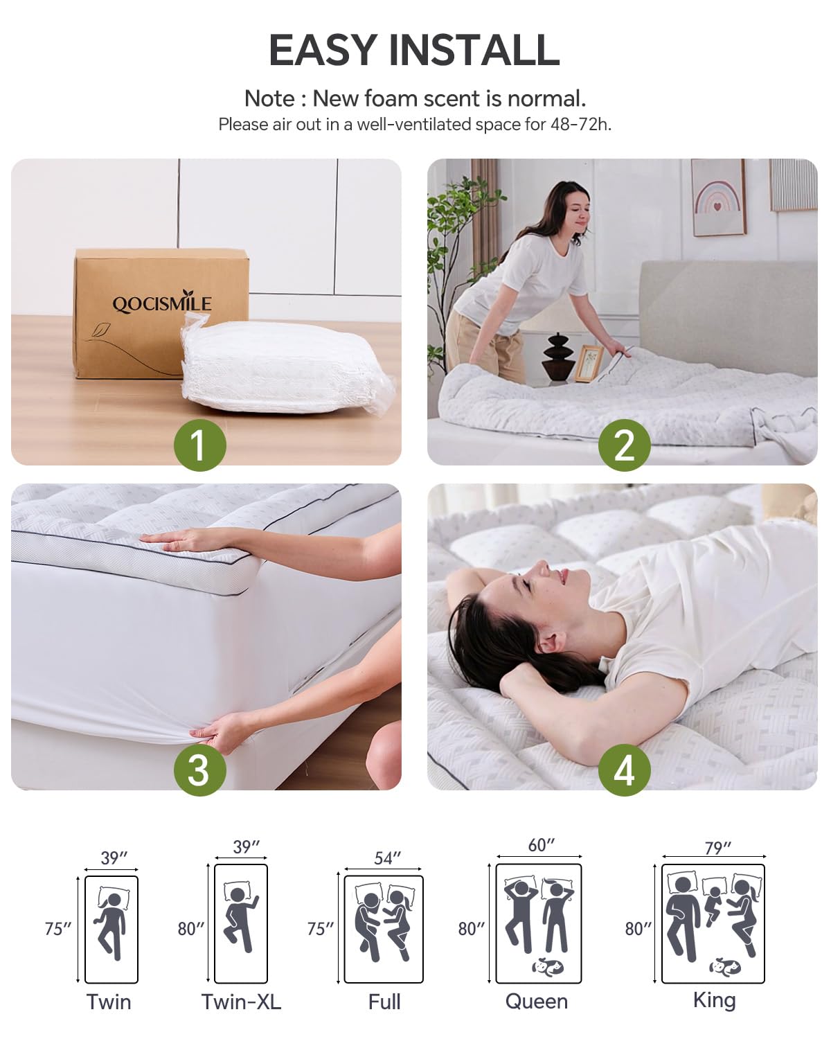 Qocismile Queen Mattress Topper,3 Inch Thick Pillow Top Mattress Pad,Bamboo Rayon Breathable Cover,Soft Queen Size Shredded Memory Foam Fill Bed Topper for Comfort Sleep Full Support Pressure Relief