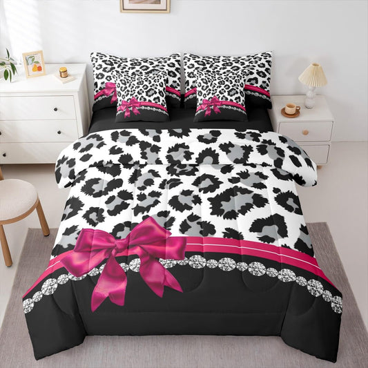 Feelyou Grey Leopard 7 Piece Bedding Set Queen Size Plum Red Bowknot Comforter Set with Sheets for Kids Girls Women Diamond Bed in a Bag Animal Print Bed Set