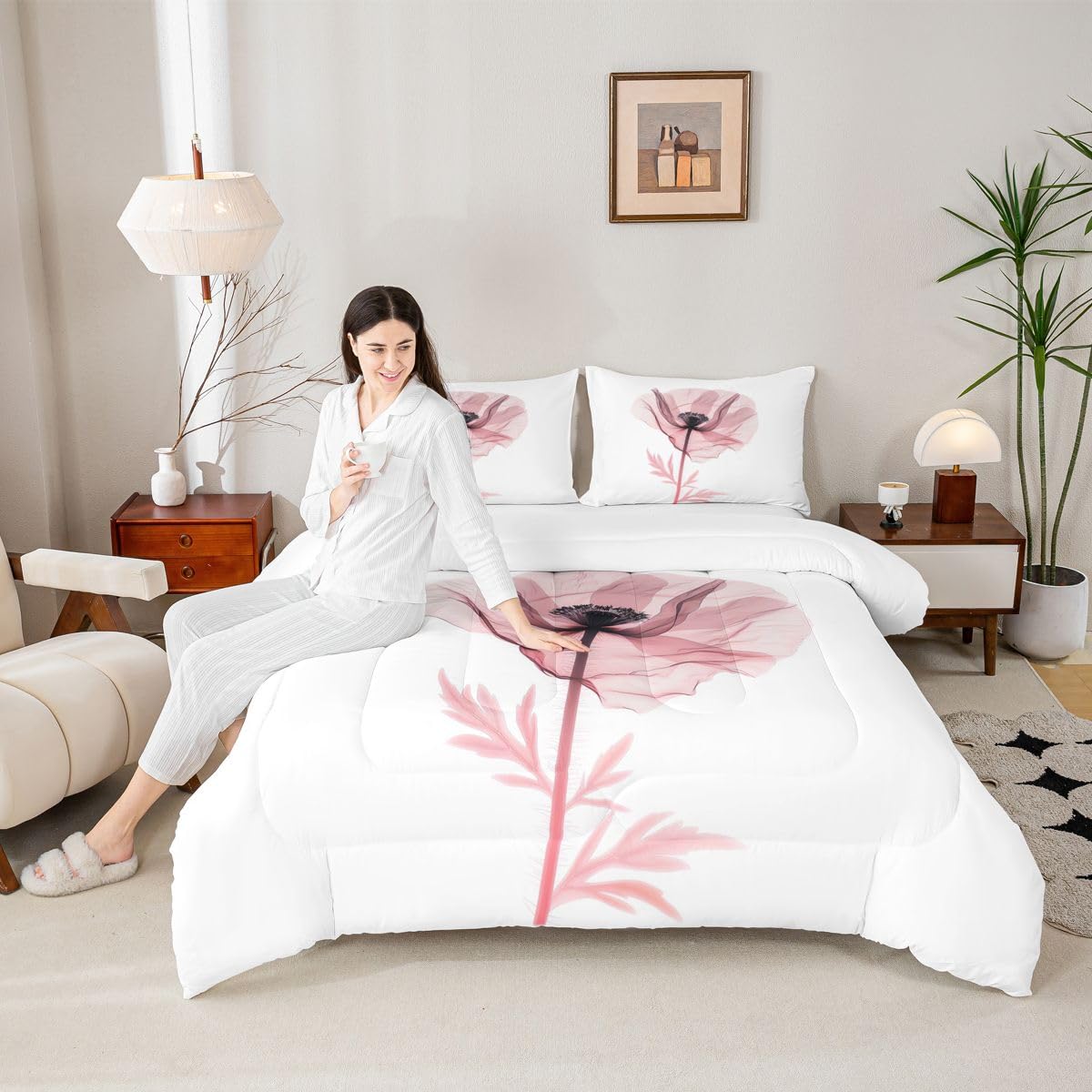 jejeloiu Abstract Flowers Bedding Set Soft for Boys Girls, Modern Art Comforter Set Toddler Size Pink Floral Duvet Quilt Microfiber Bedroom Decor 2 Pcs with 1 Pillow Cases