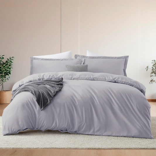 Hearth & Harbor Queen Size Duvet Cover & Bed Sheet Set Grey Lavender, 7 Piece Soft Double Brushed Bedding Set, Includes Duvet Cover, Flat Sheet, Fitted Sheet, Pillowcases and Pillow Shams