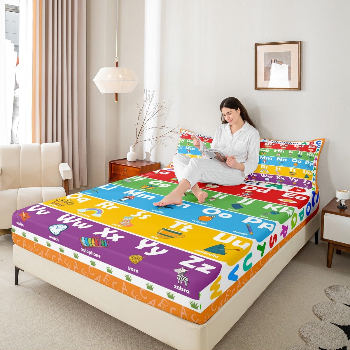 ABC Alphabet Bed Sheet Set Twin Size, Learning Alphabet Fitted Sheet Kids Toddler Educational Bedding Set Word Educational Bed Cover (1 Pillow Case and a Fitted Sheet)