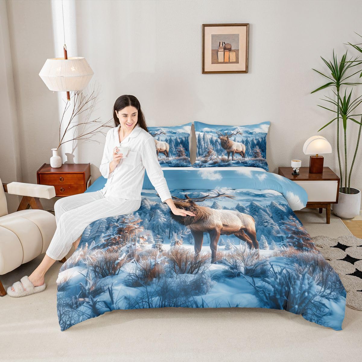 jejeloiu Deer Comforter Set Toddler Size Elk Wildlife Bedding Set for Kids Boys Girls Rustic Cabin Country Duvet Quilt Bedroom Decor Microfiber 2 Pcs with 1 Pillow Cases