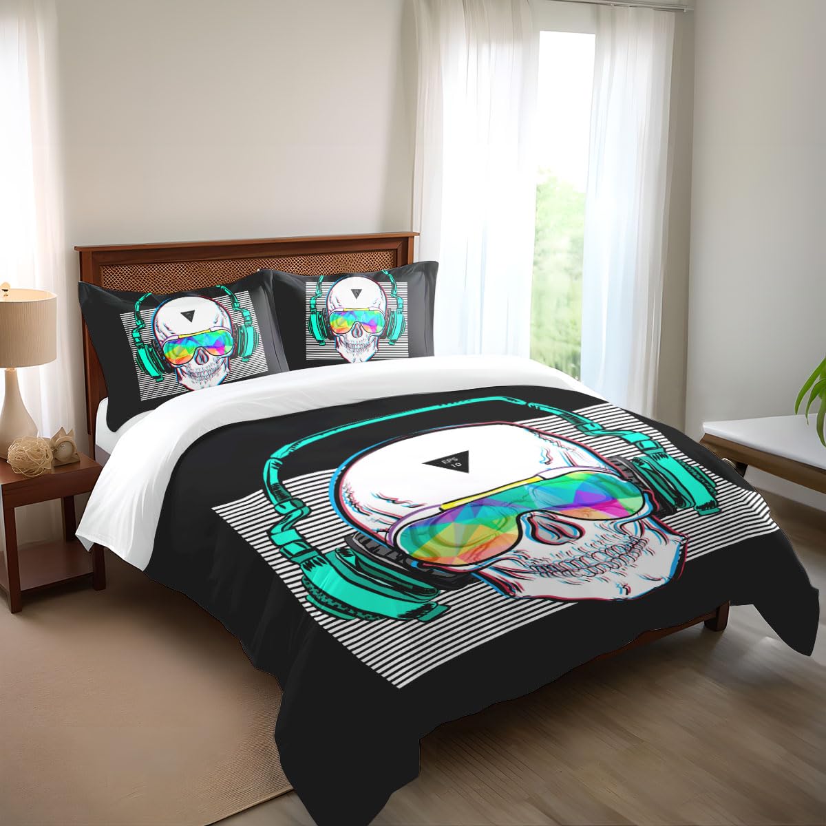 SHOMPE Music Skull Comforter Sets Full Size Boys Girls Punk Rocker Skeleton Printed Soft Warm Bedding for All Season