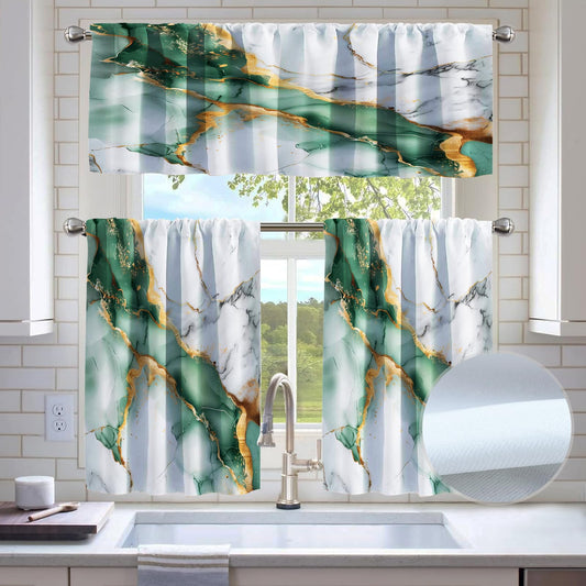 KINUUIS Green Marble Blackout Kitchen Window Tier Curtains and Valance Set, 52 x 36 Inch Abstract Art Window Curtains Set with Rod Pocket for Small Windows, Living Room or Bathroom
