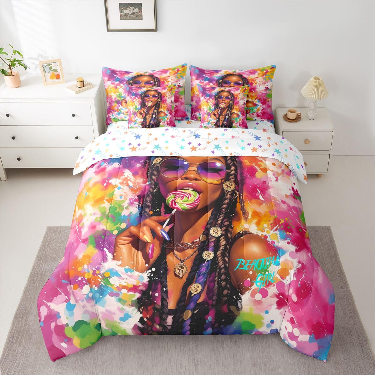 Erosebridal Cute Black Girls Queen Bedding Set Y2K Colorful Splash Paint Comforter Set Teen Stylish Multicolor Art 7-Piece Bed in a Bag Vibrant Aesthetic Watercolor Quilt Sets