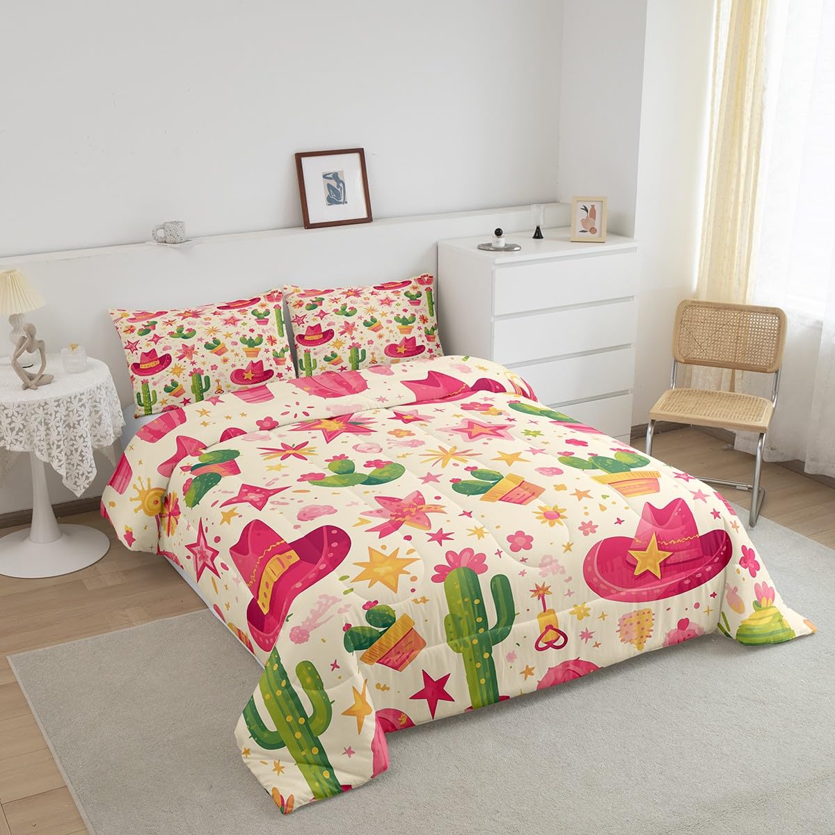 jejeloiu Girls Pink Western Decor Comforter Set Wild West Cowgirl Hat Boots Bedding Set Full Size for Kids Boys Teens Rodeo Cowgirl Style Comforter Grunge Design Duvet Set with 2 Pillow Case