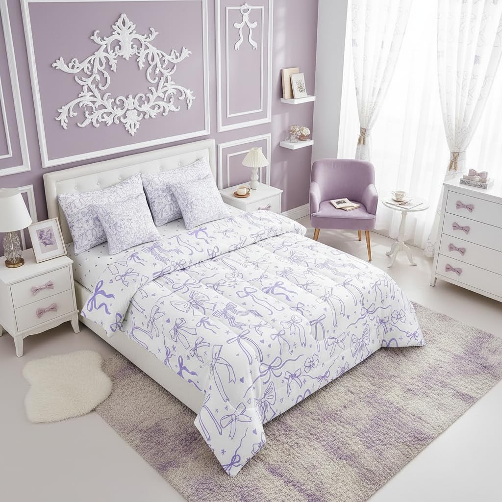 Purple Bowknots 7Pcs Comforter Set Full Size,Cartoon Hand Drawn Stars Love Bow Bedding Set,Kawaii Princess Style Fitted Flat Sheet for Kids Girls Women Teens Room Decor,Romantic 4 Pillow Covers