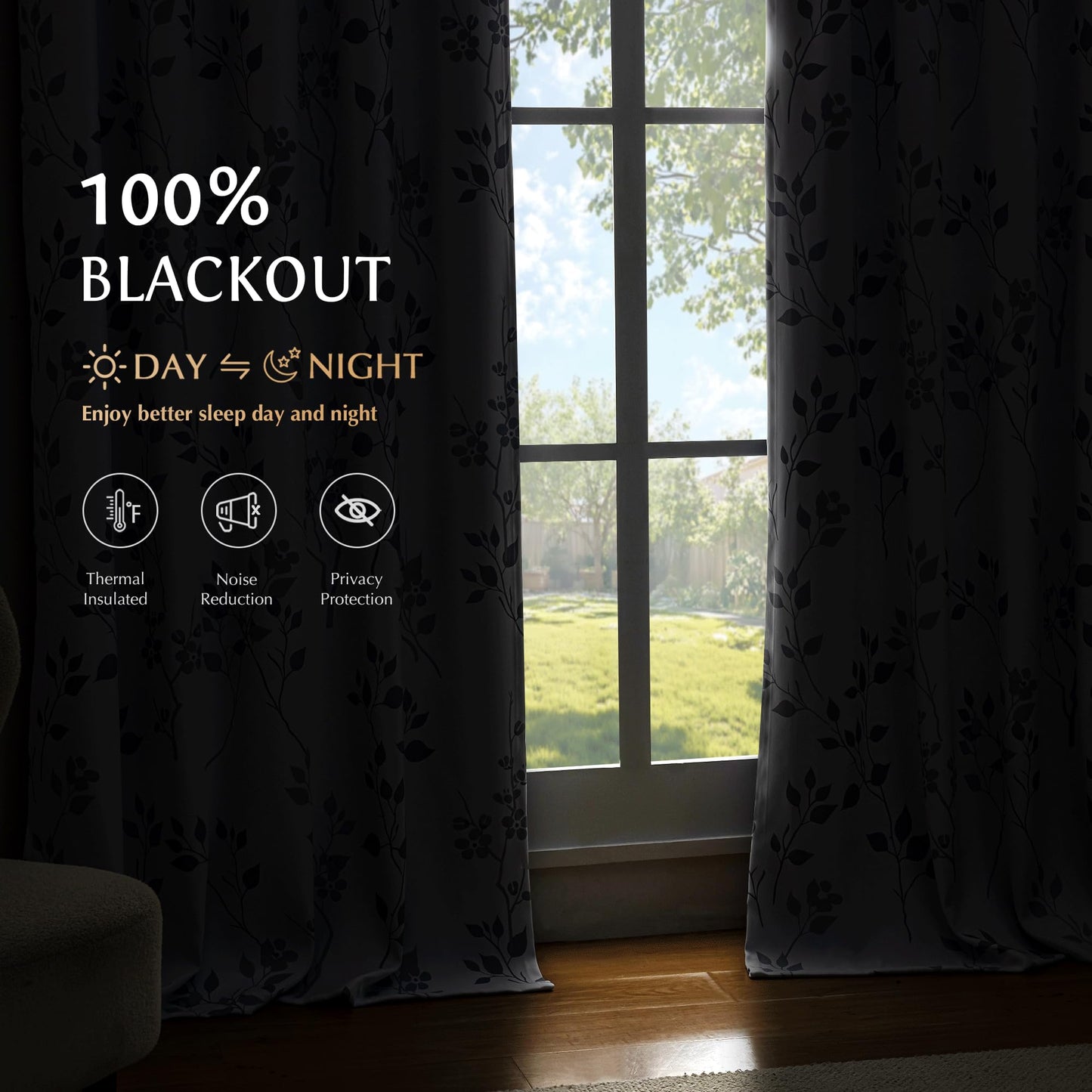 Beauoop Floral 100% Blackout Curtains 84 Inches Long 2 Panels for Bedroom Living Room Grey White Flower Patterned Room Darkening Thermal Insulated Soundproof Grommet Window Treatments Drapes, 52X84