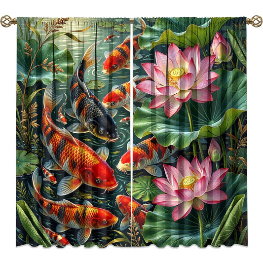 KuracleGH Retro Japanese Lucky Fish Blackout Curtains-Traditional Asian Oriental Fish Rod Pocket Back Tab Drapes,Summer Pond Lotus Floral Leaves Thermal Insulated Curtain,2pcs,Each 21“W x 45”L