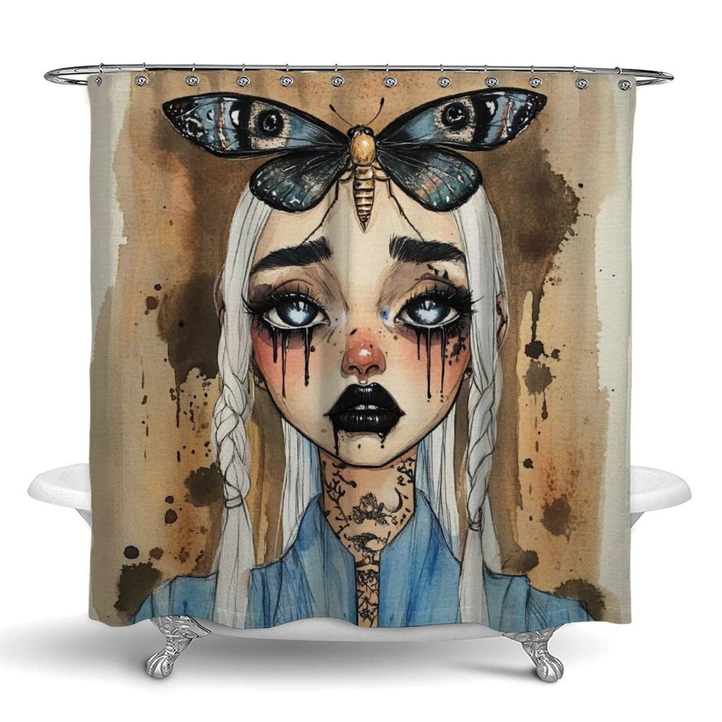 100% BLUE COLLAR Fashion Curtain Bathroom Decorative, Goth Gotik Gothic Women Girl Eyelash 72" x 70" Shower Curtain with Hooks