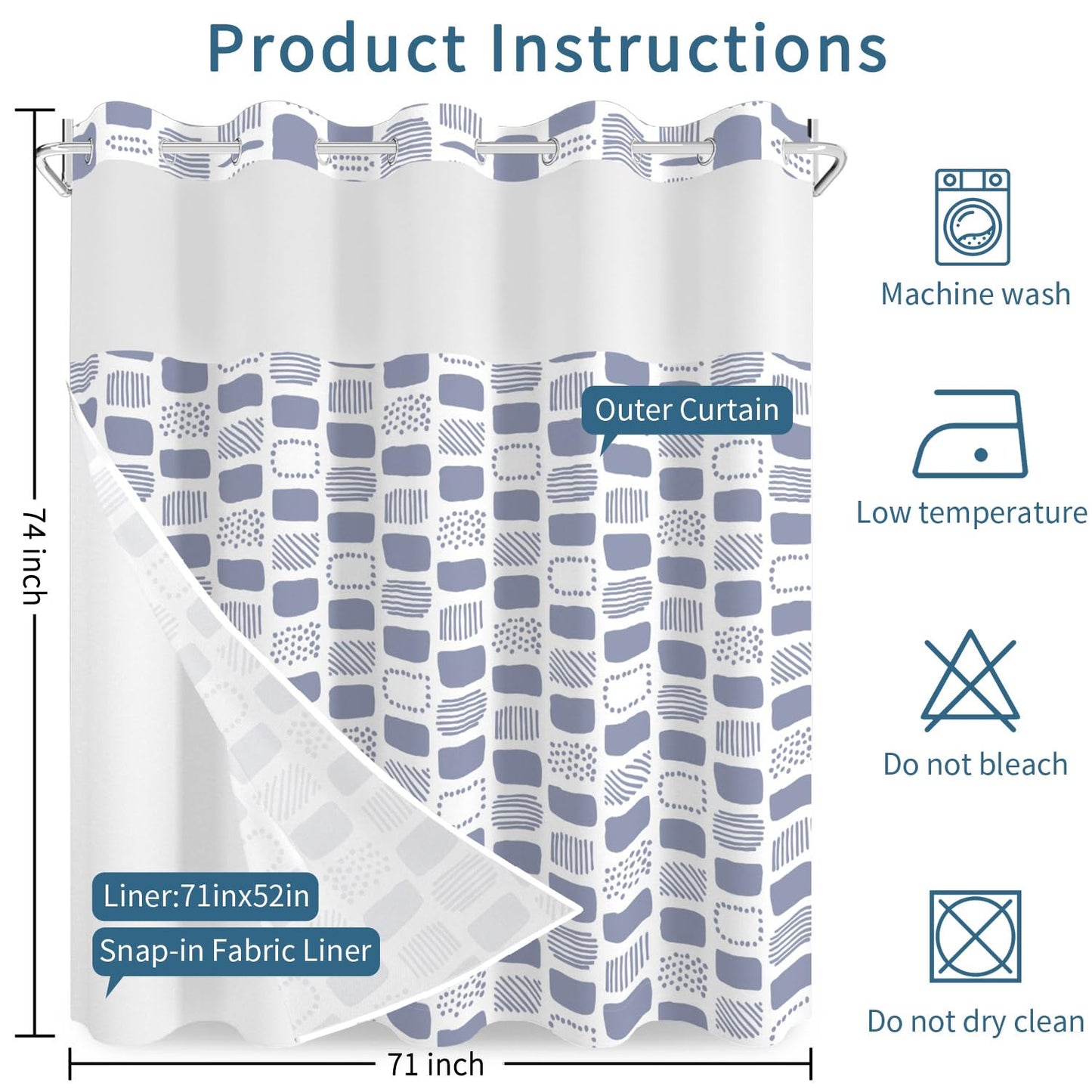 No Hook Shower Curtain with Snap in Liner Set, Boho Modern Abstract Geometric Unique Pattern Decorative Waterproof Fabric Shower Curtain for College Dorm Hotel Apartment Bathroom Bathtub, 71x74 Inch